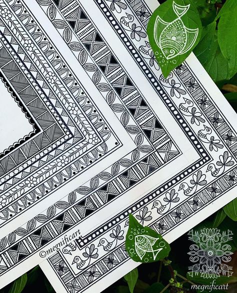 Madhubani Art Borders, Mithila Painting Border Design, Madhubani Painting Border Design, Warli Art Border Design, Kalamkari Borders Design, Madhubani Borders Patterns, Madhubani Borders Design, Simple Madhubani Designs, Madhubani Painting Border