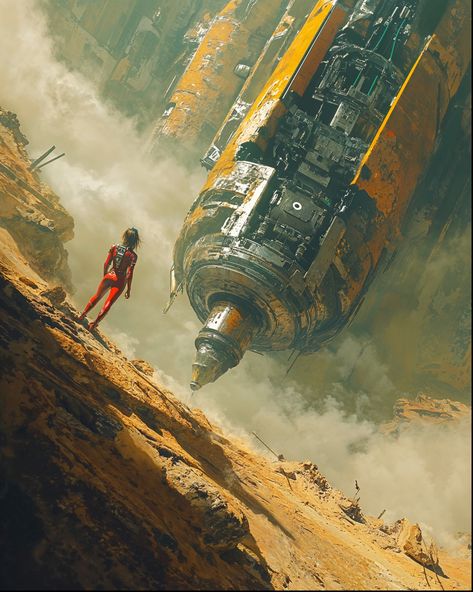 Chelah stood on the edge of the ravine, her red suit stark against the ochre landscape. The colossal drill lay partially buried, its engines silent but still radiating heat. It had crashed during its mission to reach the planet’s core, a last-ditch effort to harvest the rare minerals needed for humanity’s survival. Her mission: retrieve the reactor core before the scavengers arrived. The air was thick with dust and tension as she descended, each step bringing her closer to the massive machin... Space Rocket Concept Art, Space Western Aesthetic, Space Exploration Aesthetic, Vintage Sci Fi Art, Retro Sci Fi Aesthetic, Futuristic Explorer, Old Spaceship, Science Fiction Aesthetic, Space Station Concept Art