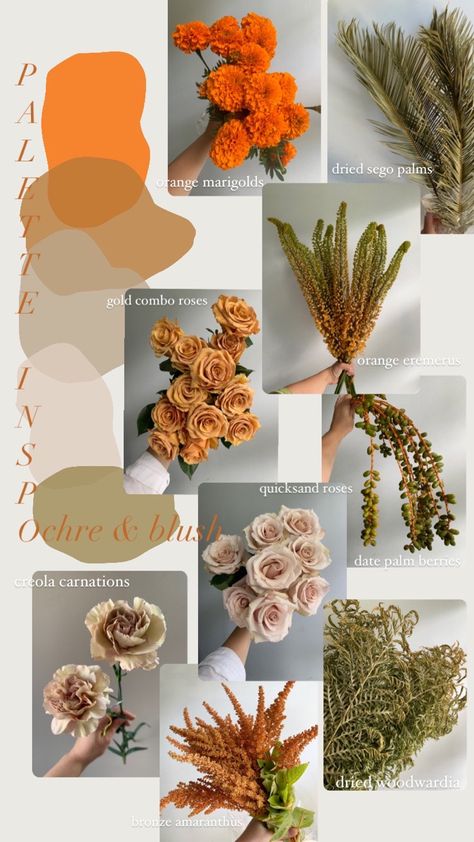 Roses, carnations, marigolds, and dried foliage in gold, orange, bronze, and blush. Combo Rose Bouquet, Dried Flower Orange, Marigold Color Palette Weddings, Orange Floral Arrangements Wedding, Marigolds Wedding Bouquet, Marigold Bouquet Wedding, Marigold Wedding Bouquet, Mustard Wedding Flowers, Orange Flower Arrangements