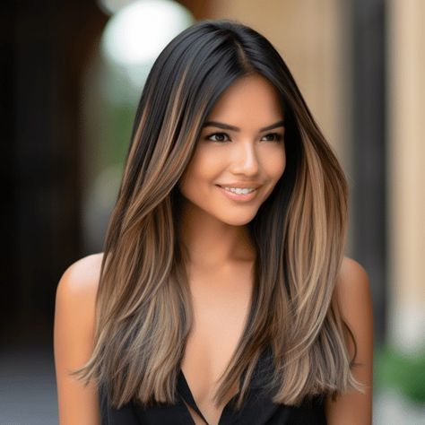 Beautiful Dark Brown Hair, Dark Brown With Blonde, Blonde Peekaboo, Asian Hair Highlights, Blonde Peekaboo Highlights, Dark Brown Hair With Highlights, Toner For Blonde Hair, Dark Ombre Hair, Brown With Blonde