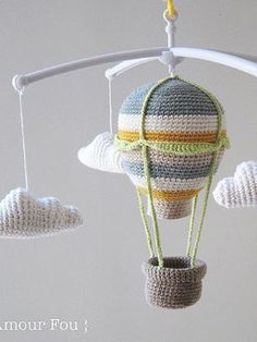 Hot Air Balloon Baby Mobile Free Crochet Pattern | Wool Pattern Crochet Nursery Decor, Crochet Baby Mobiles, Balloon Mobile, Crochet Mobile, Crochet Nursery, Crochet Baby Toys, Crochet Elephant, Haken Baby, Unique Crochet