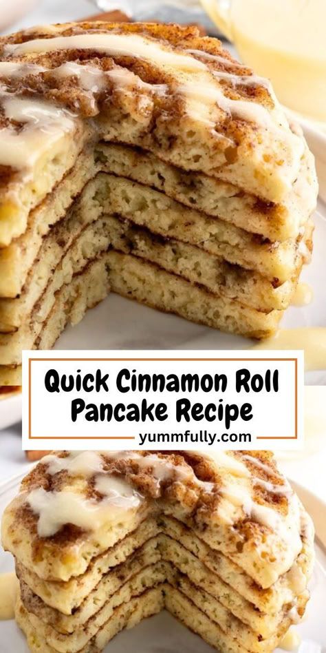 Glam up your pancakes with this Cinnamon Roll Pancake recipe. Made with simple, everyday ingredients, a unique cinnamon swirl, and a creamy glaze, these will be your family’s newest obsession, guaranteed! Cinnamon Roll Pancakes Recipe, Pancakes Fluffy, Breakfast Quick, Cinnamon Roll Pancakes, Starter Recipes, Cinnamon Pancakes, Cozy Weekend, Pancake Recipes, Breakfast Goodies