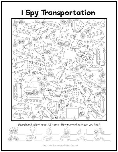 This free printable “I Spy” transportation-themed picture activity features cars, trucks, airplanes, boats, scooters, and more. Have your child count each item and record the count below the picture, coloring each item as he counts. Not only are these “I Spy” activities fun, they’re educational! I Spy Activities, Spy Activities, Spy Games For Kids, Summer Learning Activities, Airplane Activities, Transportation Activities, First Plane, I Spy Games, Summer Learning