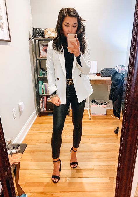 shop my white blazer outfit! Black Outfit With White Blazer, White Blazer Night Outfit, Business Outfit With Blazer, Business Casual White Blazer, White Blazer Christmas Outfit, Blazer Outfits Party Night Classy, Womens Blazer Outfit Parties, Women’s White Blazer Outfit, Bodysuit With Blazer Outfit