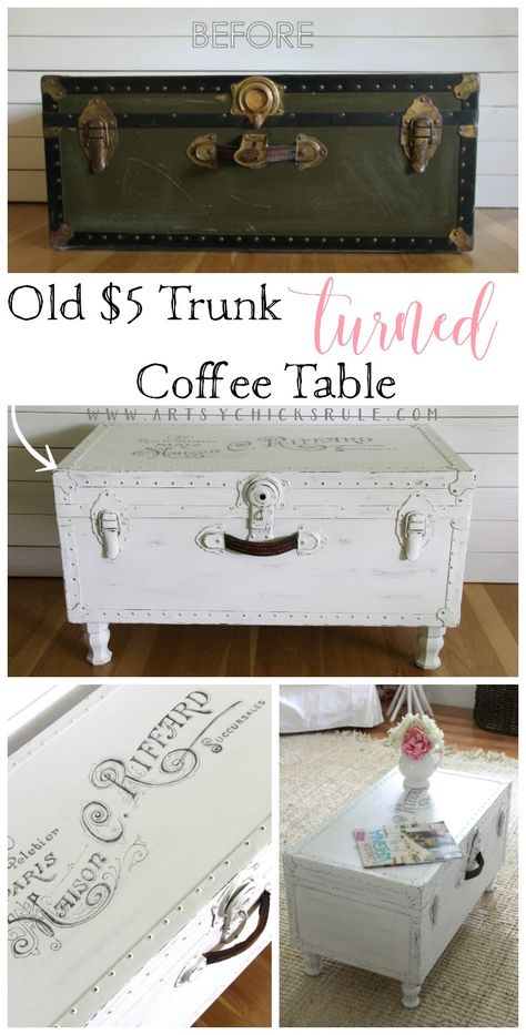 SO Easy!! $5 Old Trunk Coffee Table , a THRIFY Makeover! - artsychicksrule.com #frenchdecor #frenchgraphics #chalkpaint #trunk Trunk Redo, Trunk Makeover, Metallic Painted Furniture, Muebles Shabby Chic, Trunk Coffee Table, Old Trunks, Coffee Table Trunk, Vintage Trunks, Furniture Rehab