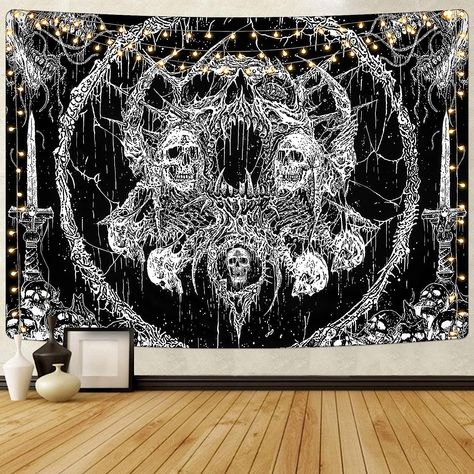 Aesthetic Tapestries Gothic Skeleton Tapestry Dark Horror Tapestry Wall Hanging for Bedroom(51.2 x 59.1 inches) #metal #tapestry #skull #wall #bedroom #horror Aesthetic Tapestries, Horror Tapestry, Enchanted Bedroom Ideas, Skeleton Tapestry, Tapestry Black And White, Black And White Tapestry, Gothic Tapestry, Skull Tapestry, Tapestry Aesthetic