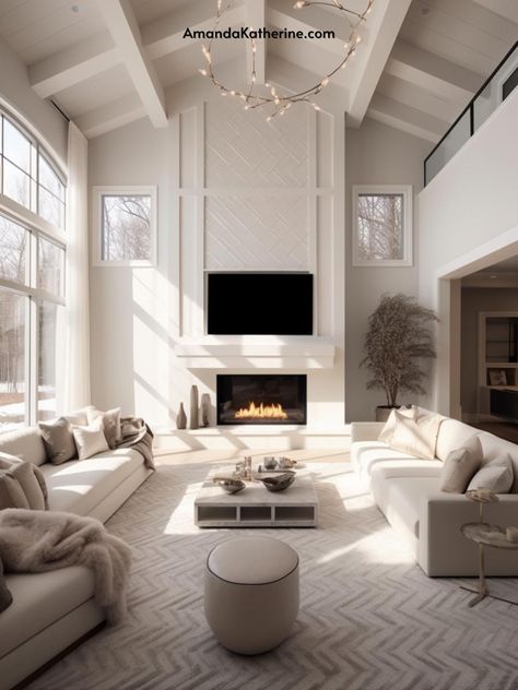 31 Stunning Fireplace Wall Ideas with a TV for your Living Room - Amanda Katherine Tall Ceiling Fireplace Wall, Two Story Great Room Wall Decor Ideas, Living Room Accent Wall High Ceilings, Fireplaces With High Ceilings, Tall Living Room Fireplace, Living Room With Two Story Ceiling, Great Room Tv Wall Ideas, 2 Story Living Room Tv Wall Ideas, Fireplace With Tall Ceilings