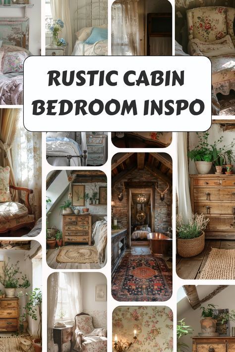 Outdoorsy Guest Bedroom, Cabin Bedroom Ideas Rustic, Cabin Bedroom Aesthetic, Rustic Cottage Bedroom, Log Bed Frame, Rustic Cabin Bedroom, Cabin Bedroom Ideas, Floral Armchair, Light Blue Pillows