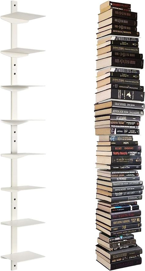 Amazon.com: ART-GIFTREE Invisible Floating Bookshelf for Wall Mounted, 8 Tier Vertical Spine Book Tower, Heavy-Duty Metal Book Organizers for Home Office, 4 Pack White : Home & Kitchen Wall Bookshelves Bedroom, Bookshelves Bedroom, Invisible Bookshelf, Invisible Shelves, Vertical Bookshelf, Spine Book, Book Tower, Floating Books, Floating Bookshelf