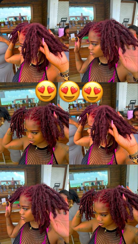 Pink Roots Black Hair Locs, Loc Peekaboo Color, Flexi Rods On Natural Hair Black Women, Short Hair Loc Styles For Women, Insta Locs Natural Hair, Dyed Locs Dark Skin, Female Loc Styles Black Women, Magenta Locs, Dyed Locs Black Women