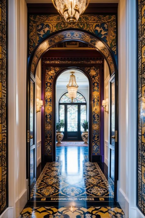 Discover 32 bold and colorful maximalist entryway designs that embrace vibrant decor choices. This pin showcases the art of layering textures and styles for a lively entrance, ideal for home decor enthusiasts. One captivating image amplifies the design ideas. French Maximalist Decor, Entryway Hallway Ideas, Art Deco Foyer, Maximalist Entryway, Dream Entryway, Art Deco Entryway, Create An Entryway, Maximalist Decor Vintage, Entryway Designs