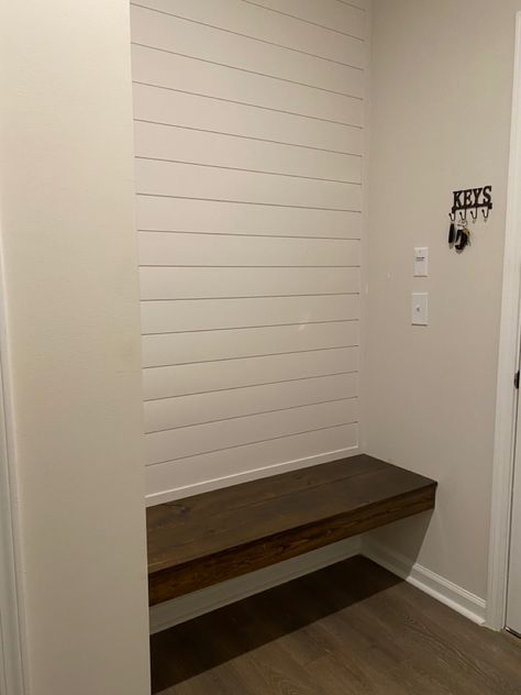 Mudroom Floating Bench, Floating Mudroom Bench, Floating Bench Entryway, Shiplap Entryway With Bench, Floating Bench Seat, Shiplap Drop Zone, Diy Floating Bench Entry Ways, Shiplap Bench Wall, Floating Bench