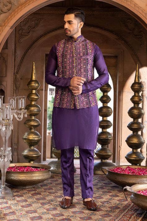 Shop for Chhavvi Aggarwal Purple Crepe Printed Bundi And Kurta Set for Men Online at Aza Fashions Purple Colour Kurta For Men, Lavender Kurta Men, Purple Indian Outfit, Nehru Jacket For Men, Wedding Dresses Men Indian, Gents Kurta, Kurta Set For Men, Mens Kurta Designs, Purple Suits