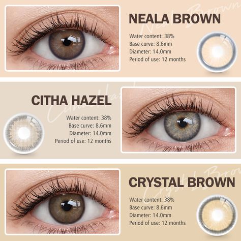 The three best-selling natural brown lenses 😍🌰 Each shade is gorgeous and natural, which one do you choose?⁠ ⁠#NealaBrown⁠ #CithaBrown⁠ #CrystalBrown⁠ #just4kira #makeup #beauty #ColoredContacts #lenses #fyp #brownlcontacts #reviews #eyewear #shades #softlens #brownlens #fashion #chicforeyes #naturallenses Lens For Brown Skin, Lenses For Brown Skin, Brown Contact Lenses, Soft Lens, Makeup Accesories, Brown Lens, Colored Contacts, Natural Brown, Contact Lenses