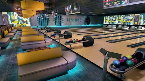 Bowling Alley Design, Alley Design, Gold Interior Design, Bowling Design, Bowling Center, Creative Kids Rooms, Conceptual Sketches, Luxury Penthouse, Sport Hall