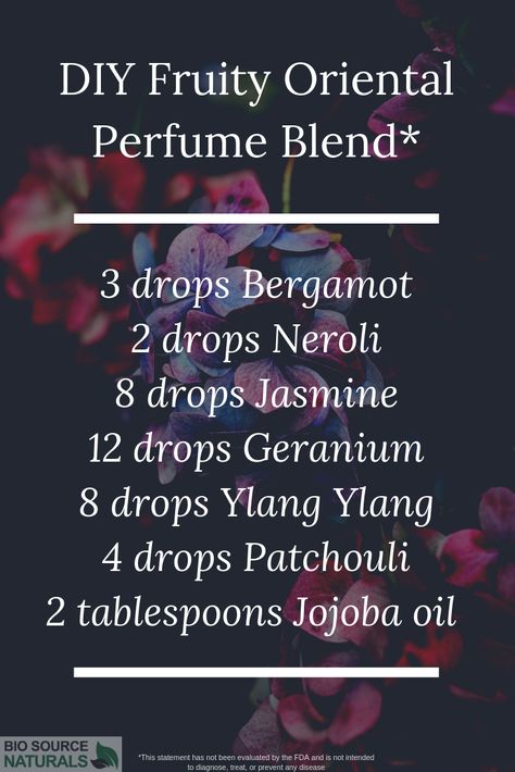 Create an exotic scent, perfect for date night! This essential oil perfume blend combines Patchouli, from the “earthy” category, with a strong “floral” presence that comes from Neroli, Jasmine, Geranium, and Ylang Ylang.   Tip:  Use a mini funnel to mix this recipe in a roller bottle. Seal the bottle and shake gently, but thoroughly. Carry in your purse or pocket to renew the scent, wherever you are.  #aromatherapy #essentialoils #diy Essential Oil Perfume Recipes, Natural Perfume Recipes, Diy Perfume Recipes, Essential Oil Perfume Blends, Essential Oil Perfumes Recipes, Homemade Perfume, Essential Oil Combinations, Essential Oil Diffuser Blends Recipes, Perfume Recipes