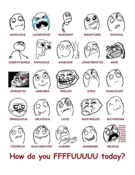 Good for teaching emotions and GRE vocabulary Meme List, Funny Templates, Rage Meme, Human Smile, Troll Meme, Tumblr Face, Rage Faces, Forever Alone, I Miss You Guys