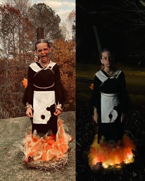 Funny Creepy Halloween Costumes, Unsettling Halloween Costumes, Asteroid Costume, Sleepy Hallow Halloween Costume, Witch On Fire Costume, Unconventional Halloween Costumes, Scariest Costumes, Witch Burning At Stake Costume, Burned Witch Costume