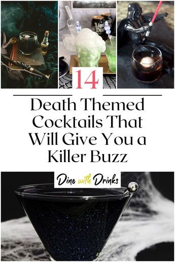 Dark Drinks Aesthetic, Halloween Tiki Cocktails, Addams Family Drinks, Black Halloween Drinks Alcohol, Addams Family Cocktail, Rip 20s Birthday Party Food, Horror Themed Cocktails, Witch Themed Cocktails, Rip To My 20s Party Food