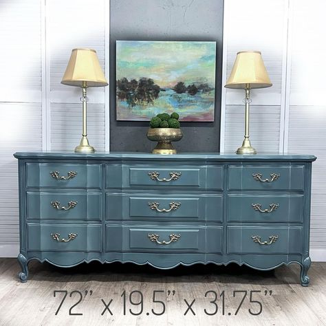 GORGEOUS! ready to ship and place in your beautiful home…find this spectacular French Provincial dresser in our Etsy shop! #vintagedresser #frenchprovincial #etsyshop #etsyseller Vintage French Provincial Dresser, Painted Furniture For Sale, French Country Blue, Grandmillennial Style, Provincial Dresser, Vintage Painted Furniture, French Provincial Dresser, Stormy Seas, Beautiful Dresser