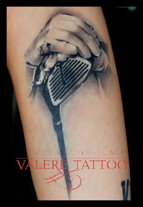 Hands on golf club Golfing Tattoo, Themed Sleeve Tattoos, Golf Tattoo, Memorial Tattoo Designs, Hebrew Tattoo, Club Images, Themed Tattoos, Club Tattoo