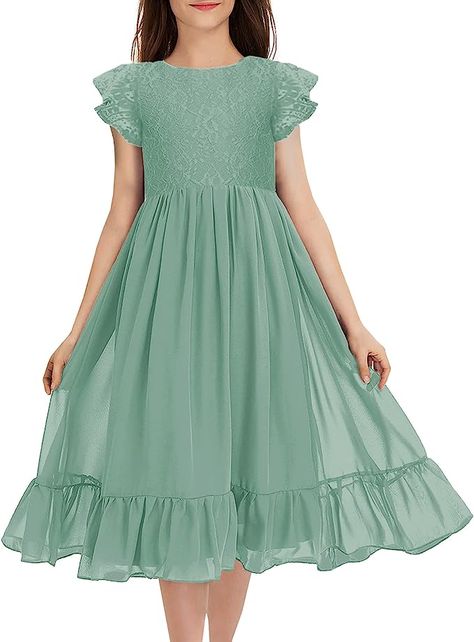 Amazon.com: MITILLY Girls Elegant Lace Flower Crew Neck Ruffle Chiffon A-Line Flowy Birthday Party Midi Dress 12 Years Light Green: Clothing, Shoes & Jewelry Dress For 12 Year Girl, 12 Year Girl, Girls Boho Dress, Flower Crew, Party Midi Dress, Wedding Autumn, Green Clothing, Girls Maxi Dresses, Autumn Rose