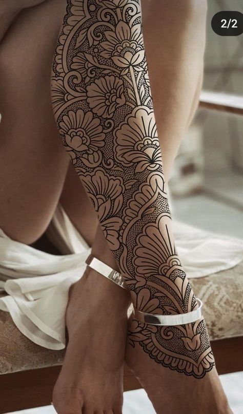 Leg Tattoos Mandala Women, Ornamental Tattoo Leg Sleeve, Mandela Leg Tattoos Women, Big Floral Tattoo Design, Ornamental Shin Tattoos For Women, Ornamental Tattoo Sleeve Women, Symmetrical Shin Tattoo, Shin Tattoos For Women Mandala, Mandala Leg Sleeve Women