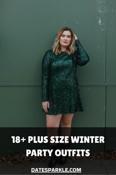 Woman in a sparkly green dress against a green wall, with text overlay: "18+ Plus Size Winter Party Outfits". Winter Party Outfits, New Years Eve Outfits Plus Size, Party Outfit Ideas For Women, Cozy Knitwear, Edgy Boots, Winter Party Outfit, Rose Gold Sequin Dress, Party Outfit Ideas, Metallic Pleated Skirt