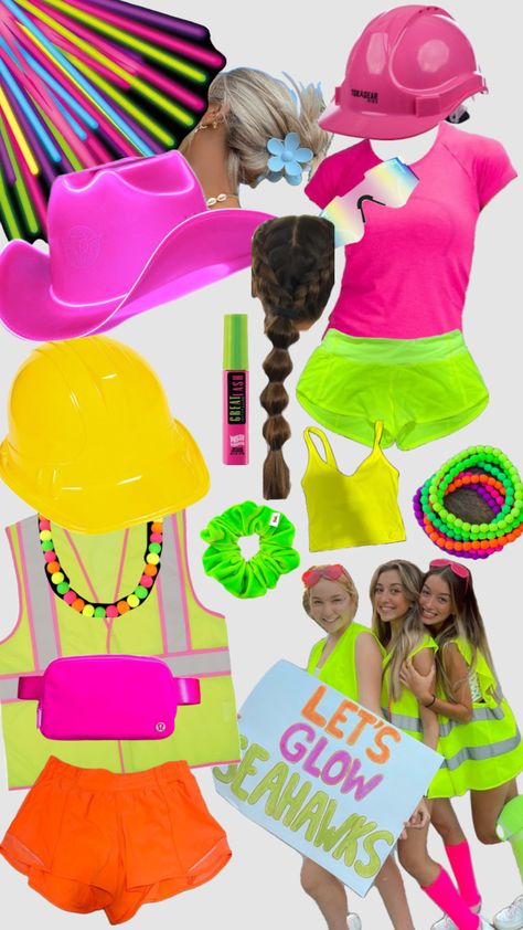 Neon football game student section preppy Football Game Student Section, Neon Football Game, Neon Football, Neon Party Outfits, Football Game Outfit Highschool, School Dance Outfits, Student Section, Spirit Week Outfits, Cute Group Halloween Costumes