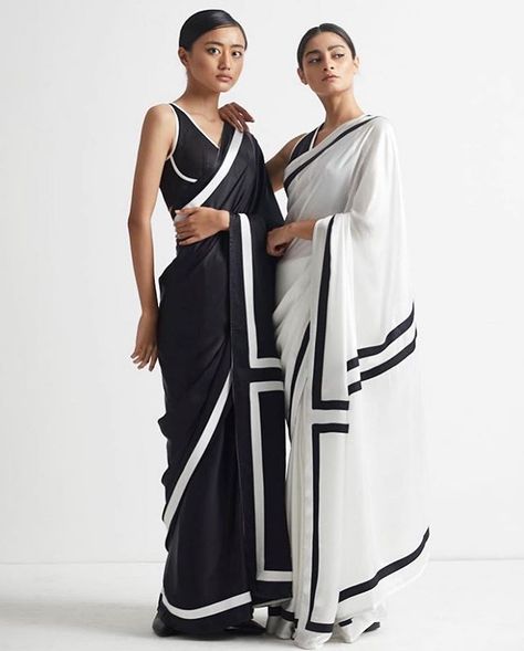 Sandeep  Rohin on Instagram: “Live in BW • • Posted @withregram • @azafashions It's time to elevate your style with these monochrome pieces with geometric and floral…” Alia Bhatt Bridesmaid, Black And White Saree, Saree White, Fabric Study, White Sari, Satin Silk Saree, Blouse Sari, Women Saree, Bridesmaid Saree