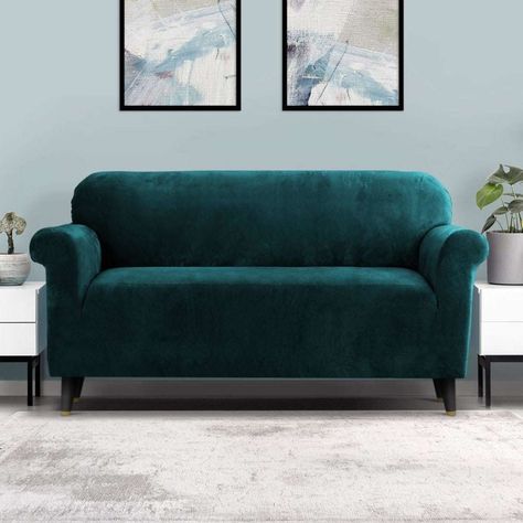 Artiss Sofa Cover Couch Covers Velvet 3 Seater Agate Green 1EACH | Woolworths Velvet Sofa Cover, Hair Pull, Plush Couch, Velvet Couch, Bar Stool Chairs, Couch Cover, Sofa Styling, Couch Covers, Stretch Velvet