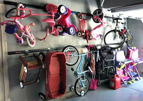 15+ Killer Bike Storage Ideas to Try for 2020 Kids Bike Storage, Outdoor Toy Storage, Garage Organization Systems, Bike Storage Garage, Toy Storage Solutions, Shed Organization, Garage Storage Solutions, Kids Toy Organization, Garage Remodel