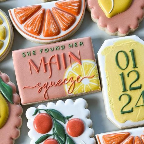 Kaitlin on Instagram: "Main Squeeze 🍊  .  .  .  .  .  .  #baking #cookies #sugarcookies #royalicing #royalicingcookies #edibleart #delish #sweets #livesweetly #gilbertaz #mesaaz #bakinglove #homebaker #goodies #decoratedcookies #sugarart #cookiedecorating #cookiesofinstagram  #smallbusiness #mainsqueeze #mainsqueezecookies #citrus #citruscookies #bridalshower" Aperol Spritz Cookies, She Found Her Main Squeeze Cookies, Citrus Bridal Shower Cookies, Main Squeeze Cookies, Bachelorette Cookies, Bridal Shower Inspo, Fruit Cookies, Bridal Shower Cookies, Spritz Cookies