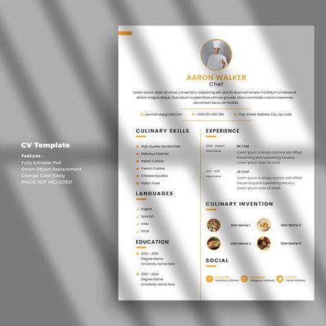 Chef Cv Template, Resume Mockup, Cv Ideas, Minimal Resume Template, It Cv, Ats Resume, Cv Design Template, Design Calendar, Cover Letter Design