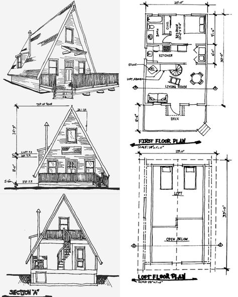 Casa triangular Diy A Frame Cabin Floor Plans, Triangle Cabin, Triangular House, Chalet Modern, Frame House Plans, Wooden House Plans, A Frame Cabin Plans, Triangle House, House Plan With Loft