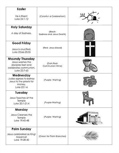 Free printable charts for Holy Week. Includes Scripture references, symbols, colors, and titles. Holy Week For Kids, Timeline Worksheet, Holy Week Activities, Easter Lessons, Easter Sunday School, Maundy Thursday, Holy Thursday, Easter Week, Easter Preschool