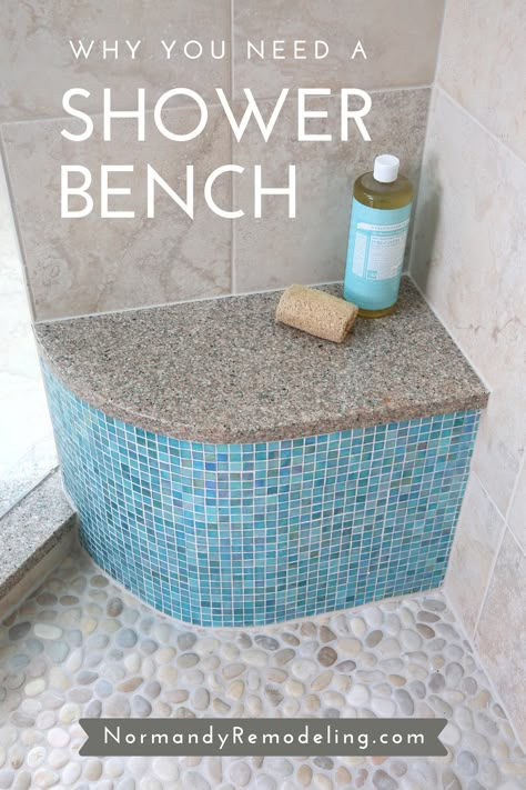 shower bench Small Bathroom Shower Remodel, Shower Bench Built In, Shower Bench Ideas, Corner Shower Seat, Corner Shower Bench, Mermaid Tile, Accessible Bathroom Design, Wall Bench, Bathroom With Makeup Vanity