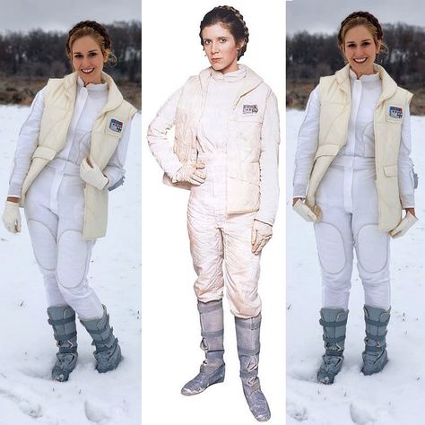 Hayley △⃒⃘ on Instagram: “Side by side of my Hoth Leia cosplay! @michaelrburson made this jumpsuit about 3 years ago and the vest 2 years ago. It’s my favorite lewk…” Star Wars Jumpsuit, Hoth Leia, Leia Hoth, Princess Leia Cosplay, Leia Cosplay, Princess Leia Costume, Leia Costume, Han And Leia, The Badge