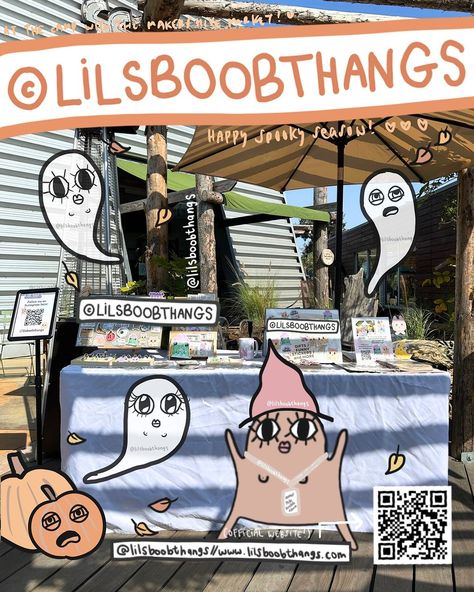 lilsboobthangs © | sticker shop + more! | Some photos from last Saturday’s spooky pop-up (@lilsboobthangs) 🎃💕 at @thecampoc with @themakershivemarket @miriamatthemakershive... | Instagram Diy Sticker Display, Blob Art, Vendor Table Display, Sticker Display, Craft Booths, Vendor Table, Fall Market, Craft Booth Display, Kawaii Sticker