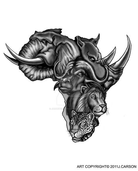 Tattoo Commission: Africa's Big Five by JaggedCorners on DeviantArt Africa Outline Tattoo, Big 5 Tattoo, Africa Map Tattoo, Africa Outline, Art Black Love, 5 Tattoo, Africa Tattoos, Tier Tattoo, Мотоциклы Harley Davidson