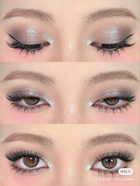 Cool Tone Smokey Eye Makeup, Cute Aesthetic Makeup, Puppy Eyes Makeup, Makeup For White Dress, Silver Smoky Eye, Ropa Dark, Silver Eye Makeup, Grey Makeup, Grey Eyeshadow