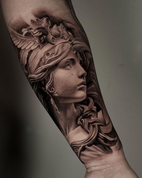 Realism Tattoo Ideas, Best Realism Tattoo, Athena Tattoo, Lower Arm Tattoos, Simple Tattoos For Guys, Realism Tattoos, Statue Tattoo, Greek Mythology Tattoos, Manga Tattoo