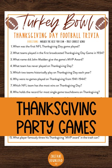 Thanksgiving Football Game, Turkey Bowl Football, Football Trivia Game, Friendsgiving Turkey, Thanksgiving Printable Games, Nfl Thanksgiving, Football Trivia, Friendsgiving Recipes, Friendsgiving Decor