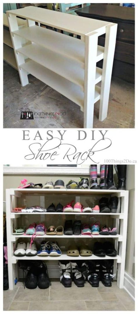 Diy Shoe Rack Entryway, Garage Shoe Rack Ideas, Diy Closet Shoe Rack, How To Build A Shoe Rack, Diy Shoe Rack Easy, Shoe Rack Ideas Diy Homemade, Diy Shoe Rack For Closet, Shoe Rack Out Of Pallets, Diy Shoe Bench