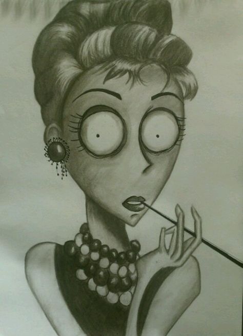 Tim Burtonized Audrey Hepburn. I will draw this for you @Cydney Marie Marie Marie Marie Potter Wheeless Tim Burton Style Portraits, Tim Burton Character Design, Tim Burton Portraits, Tim Burton Illustration, Tim Burton Characters Drawings, Tim Burton Art Style Drawings, Tim Burton Sketches, Drawing Curly Hair, Tim Burton Drawings