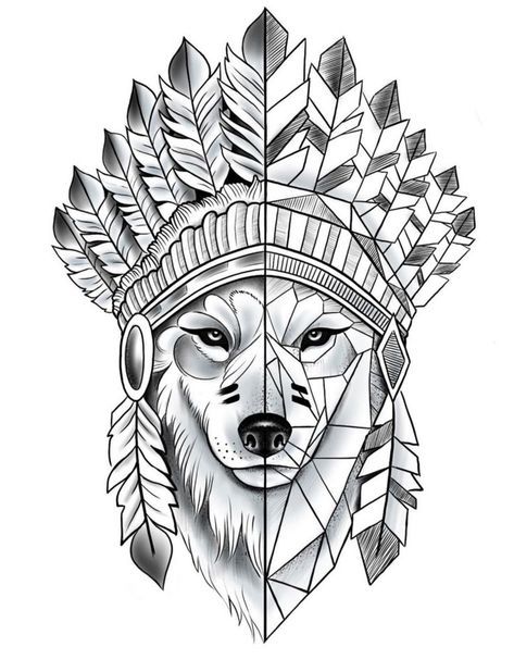 Hirsch Tattoo Frau, Tato Naruto, Indian Tattoo Design, Geometric Wolf Tattoo, Wolf Tattoo Sleeve, Geometric Wolf, Tattoo Zeichnungen, Wolf Tattoo Design, Indian Tattoo