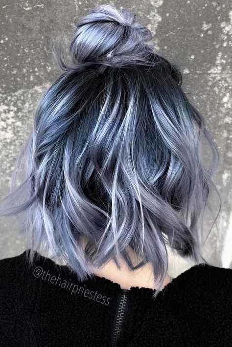 Knot Hairstyles, Top Knot Hairstyles, Blue And Grey, Grey Hair, Top Knot, Blue Hair, The Back, A Woman, Knot