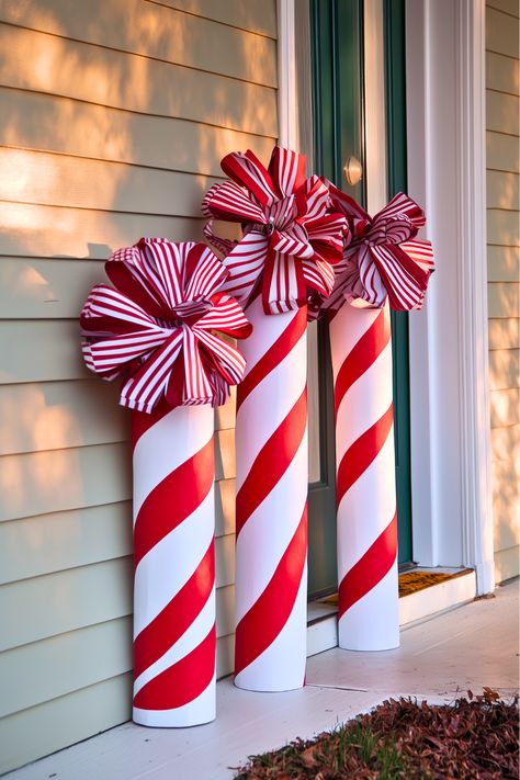 What if you could turn an old pipe into a candy cane? I’ve tried wrapping red and white paper around one, and it’s such a fun and creative decoration. Add a matching ribbon for extra charm, and it’s perfect for your yard. This DIY idea is simple and full of holiday spirit. Ready to create your own candy cane magic? Wooden Candy Canes Yard Art, Candy Cane Outdoor Decorations, Front Yard Christmas Decorations Ideas, Front Yard Christmas, Candy Cane Christmas Decorations, Yard Christmas Decor, Yard Decor Ideas, Christmas Yard Decor, Simple Front Yard