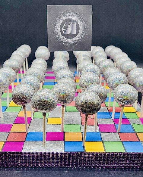 Disco Ball Party Food, 70s Party Desserts, Disco Themed Dessert Table, Decades Party Food Ideas, Edible Disco Ball, Disco Candy Table, Disco Party Food Ideas Dessert Tables, Disco Snack Table, 70s Disco Party Food Ideas