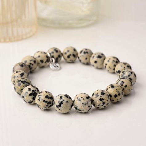 Dalmatian Jasper Affinity Bracelet wear alone or stacked your choice. Luxury Beaded Agate Bracelets, Holistic Agate Bracelet With 8mm Beads, Dalmatian Jasper Jewelry, Dalmatian Jasper Bracelet, Black Obsidian Necklace, Luxury Multi-stone Spiritual Bracelets, Obsidian Necklace, Dalmatian Jasper, Gemstone Beaded Necklace